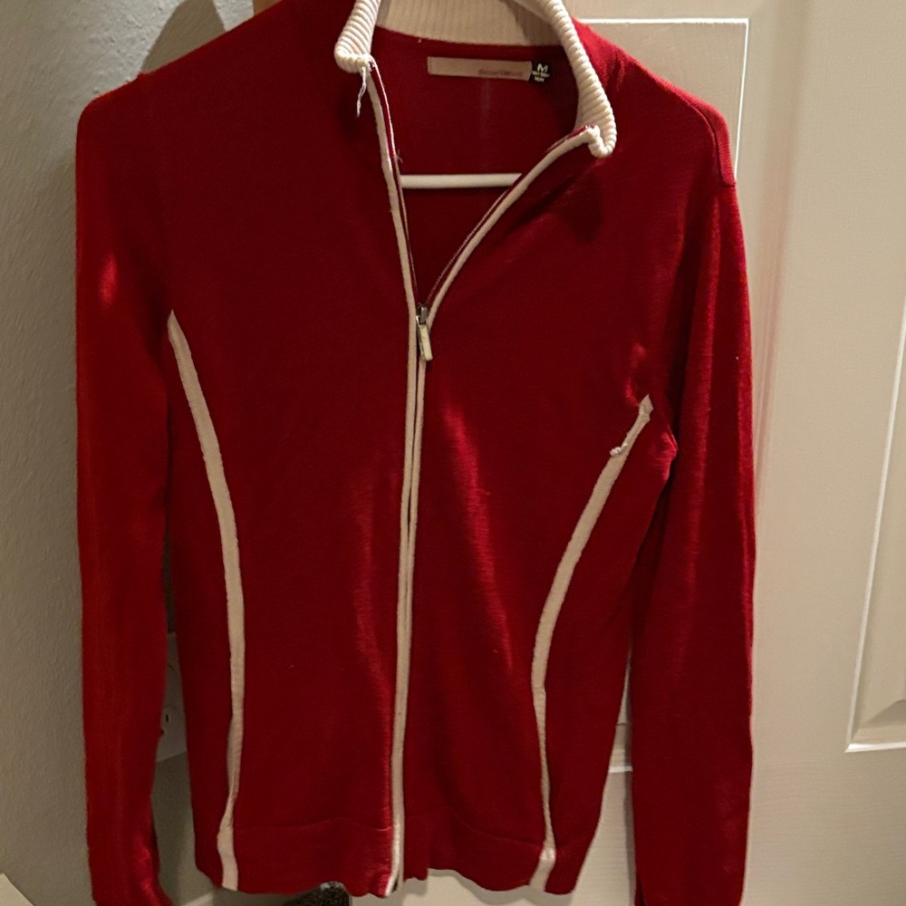 Red Zip-Up Sweater with White Accents